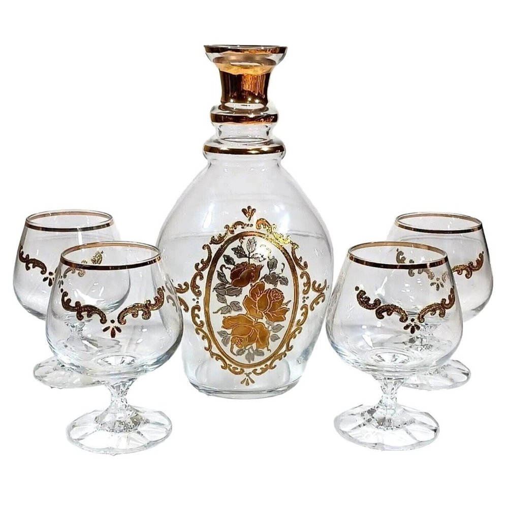 Antique Gold Rose Opaline Bohemian Art Glass Cordial Decanter & 4 Liqu… - Picture 1 of 9